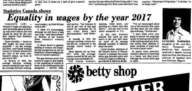 Screenshot from a July 2, 1981 article in the Medicine Hat News about the gender pay gap disappearing in Canada by 2017 (Newspaperarchive.com)
